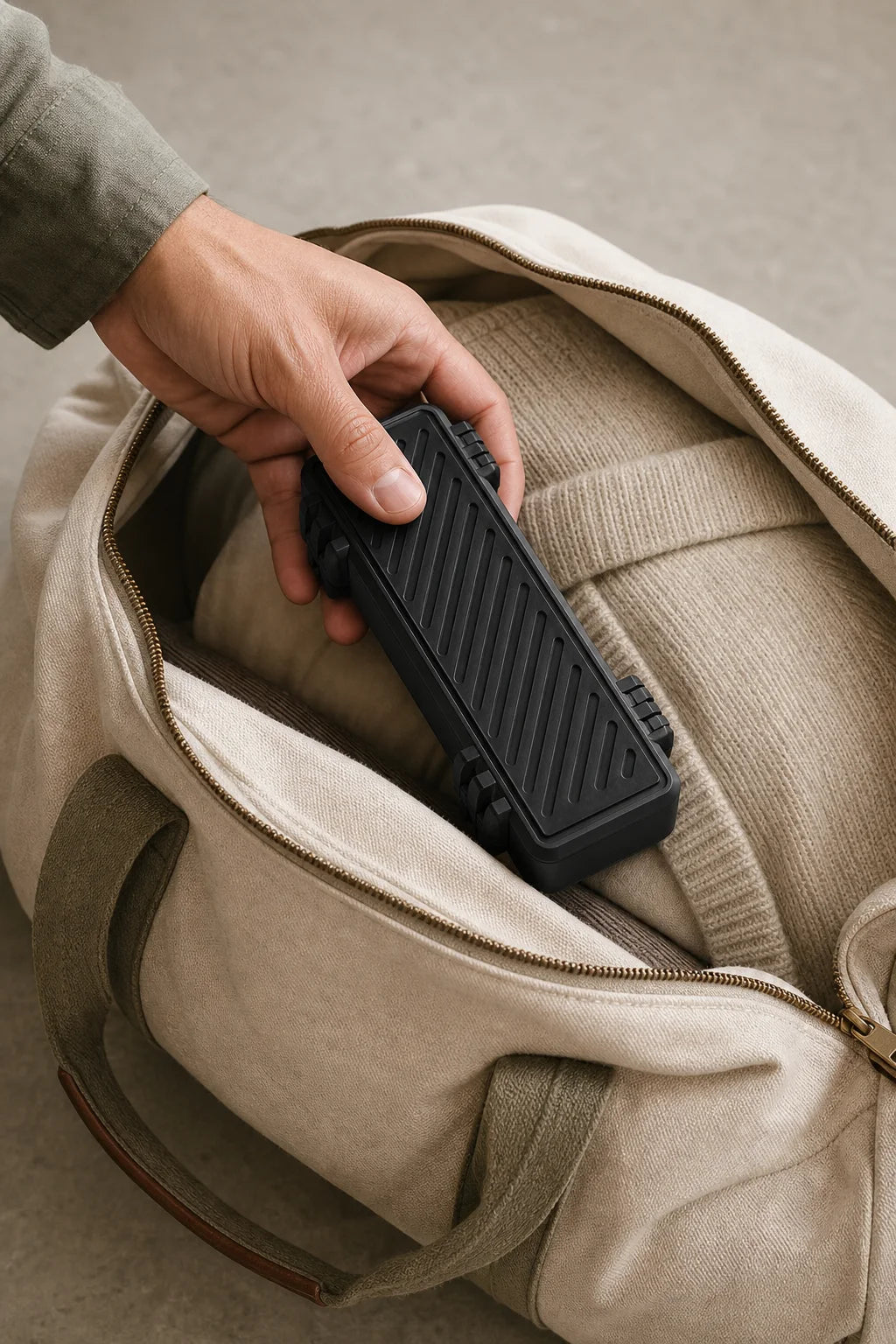 Routine Box travel case being placed into a weekender bag